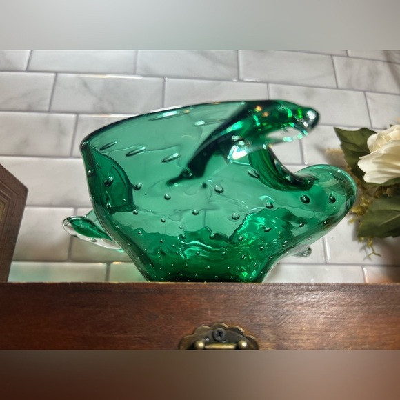 Vintage Murano Art Glass Bowl Bullicante Controlled Bubbles Emerald Green - Picture 3 of 10